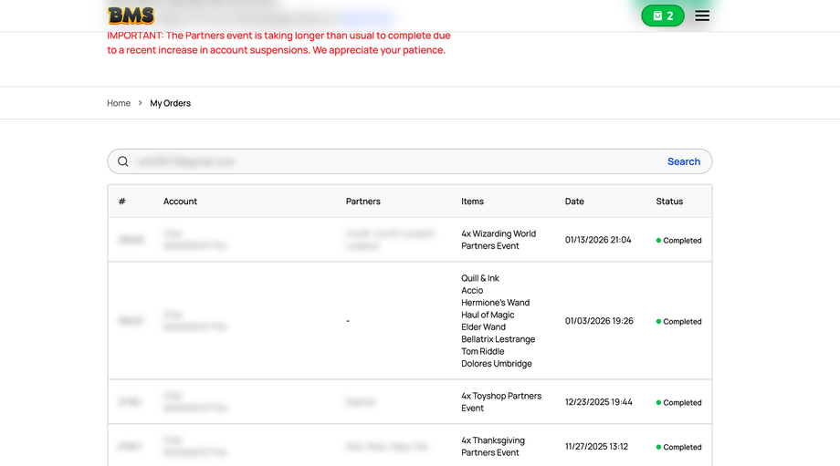 My Orders Page on Buy Monopoly GO Stickers website